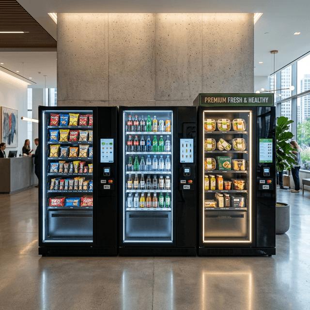 Modern glass-front vending machines in an Atlanta corporate office